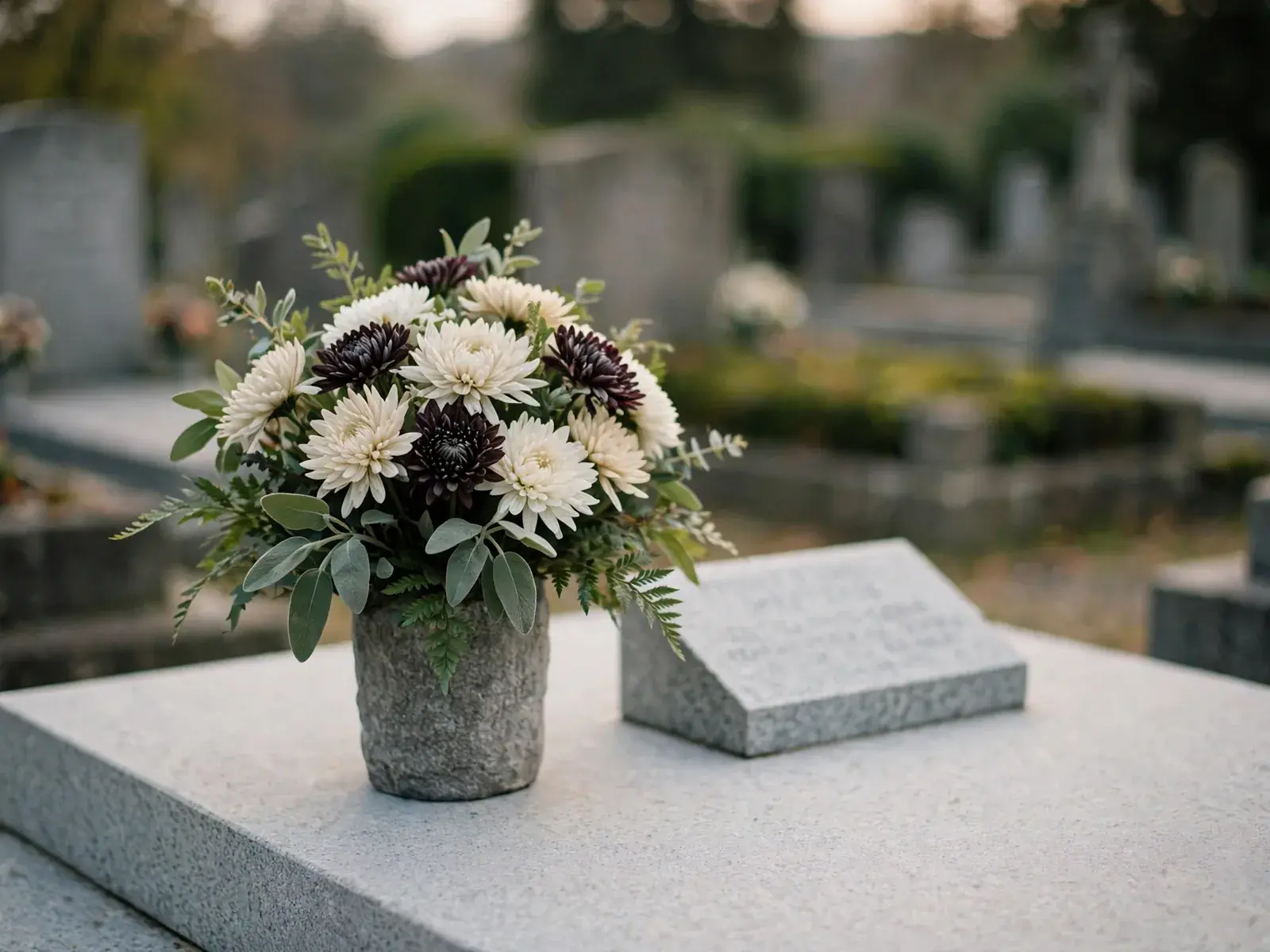 Bouquet de chrysanthèmes blancs et bordeaux dans un vase de pierre, posé sur une dalle de granit clair, allées du cimetière en arrière-plan