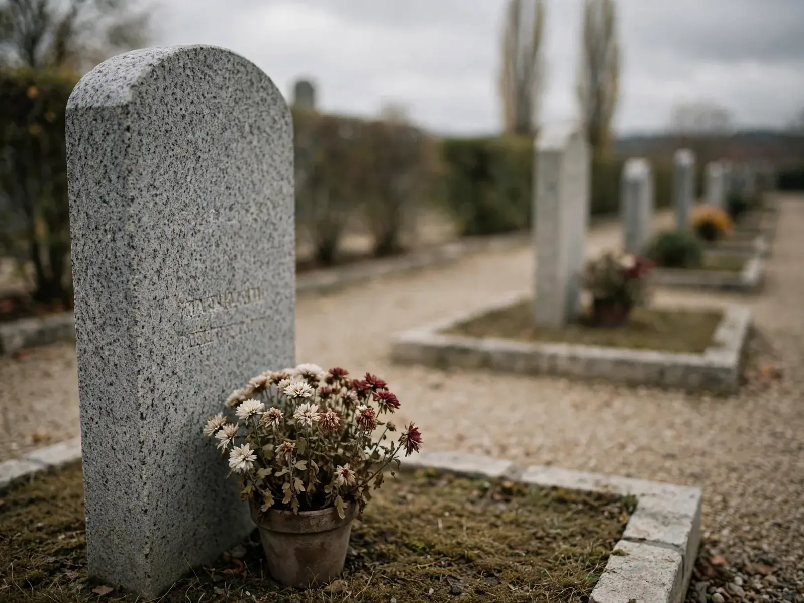 Stèle de granit gris dans un cimetière animalier, chrysanthèmes en pot à son pied, allée de gravier et haie taillée en arrière-plan